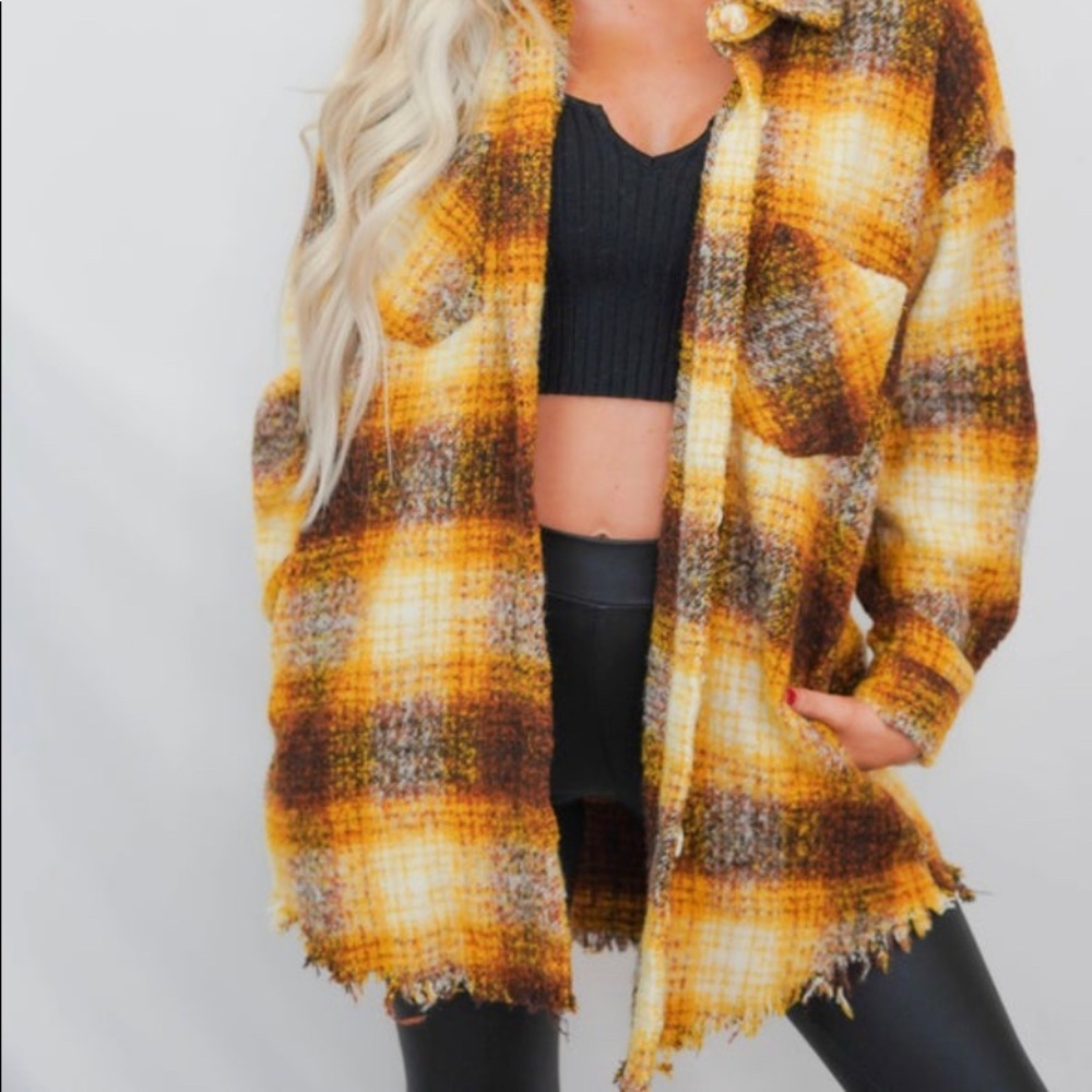 White Birch - Button Down Frayed Hem Plaid Shacket